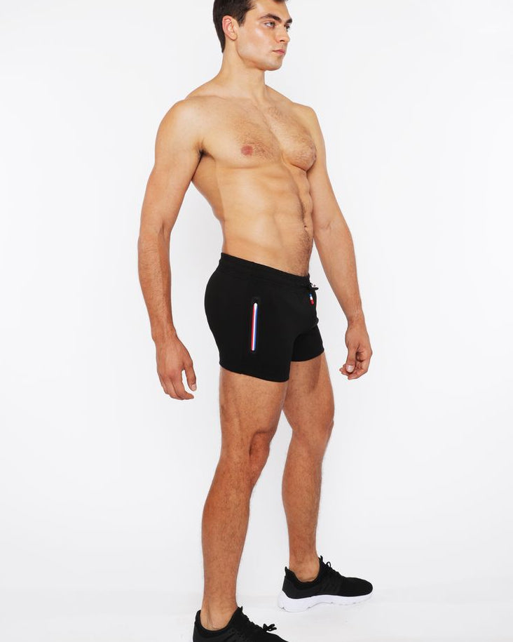 BLACK VAULT GYM-TECH 3.5" INSEAM STRETCH SHORTS W/ 3-COLOR HEAT WELD ZIPPERS STA-10500-02