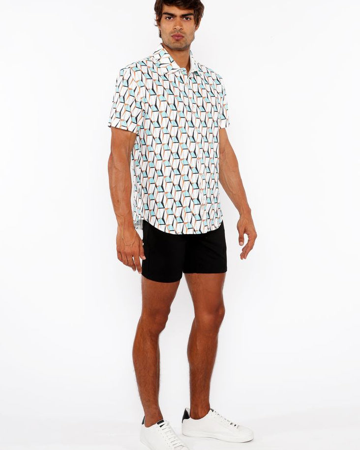 STALK/OCHRE 3D BOXES PRINTED OPEN KNIT STRETCH SHORT SLEEVE SHIRT ST-48073
