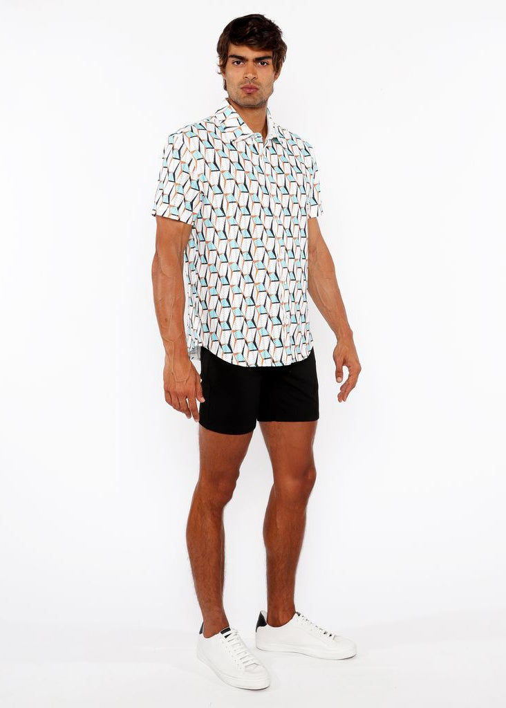 STALK/OCHRE 3D BOXES PRINTED OPEN KNIT STRETCH SHORT SLEEVE SHIRT ST-48073