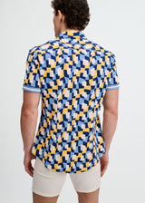 ATLANTIC/YELLOW ABSTRACT PRINTED PERFORMANCE STRETCH SHORT SLEEVE SHIRT W/PLACKET DETAIL ST-26027