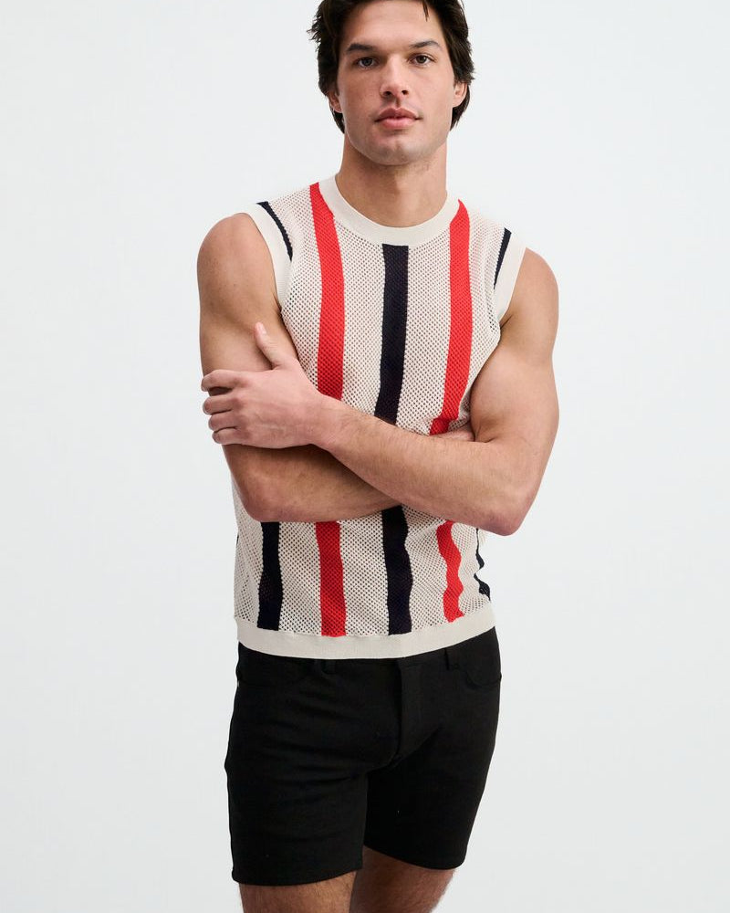 OFF WHITE TEXTURED STRIPE OPEN KNIT VEST ST-24311