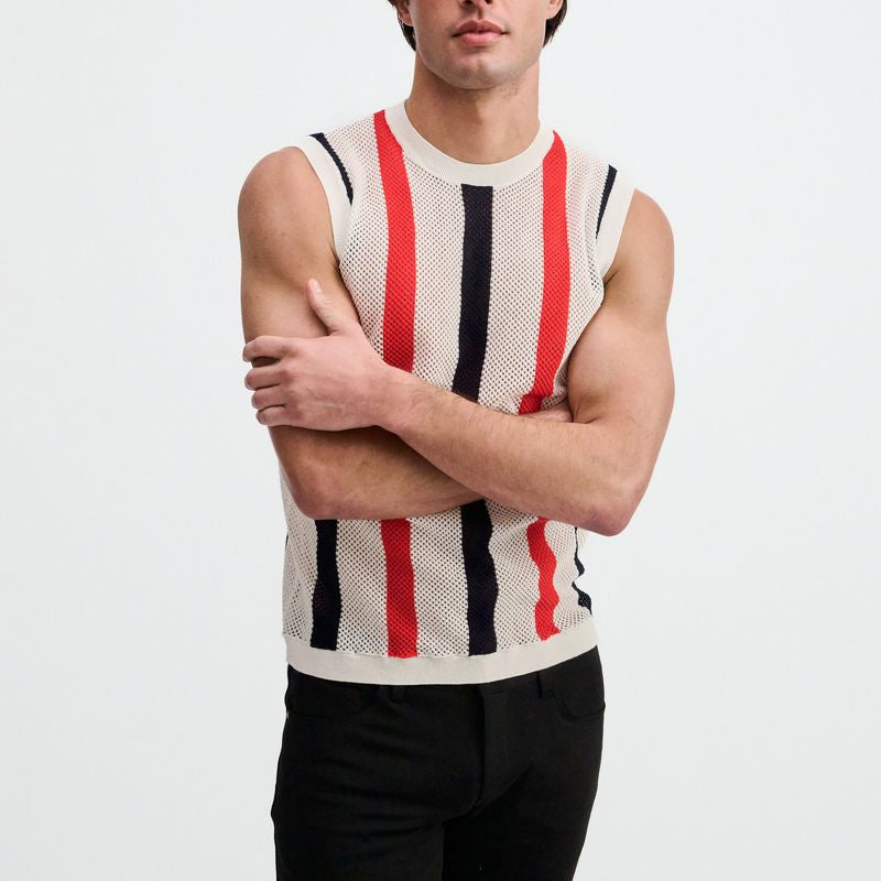 OFF WHITE TEXTURED STRIPE OPEN KNIT VEST ST-24311