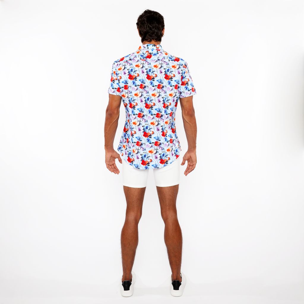 SKY/MULTI FLORAL 3D PRINT COTTON JERSEY KNIT SHORT SLEEVE SHIRT W/CONTRAST STRIPE PLACKET ST-9327