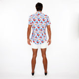 SKY/MULTI FLORAL 3D PRINT COTTON JERSEY KNIT SHORT SLEEVE SHIRT W/CONTRAST STRIPE PLACKET ST-9327