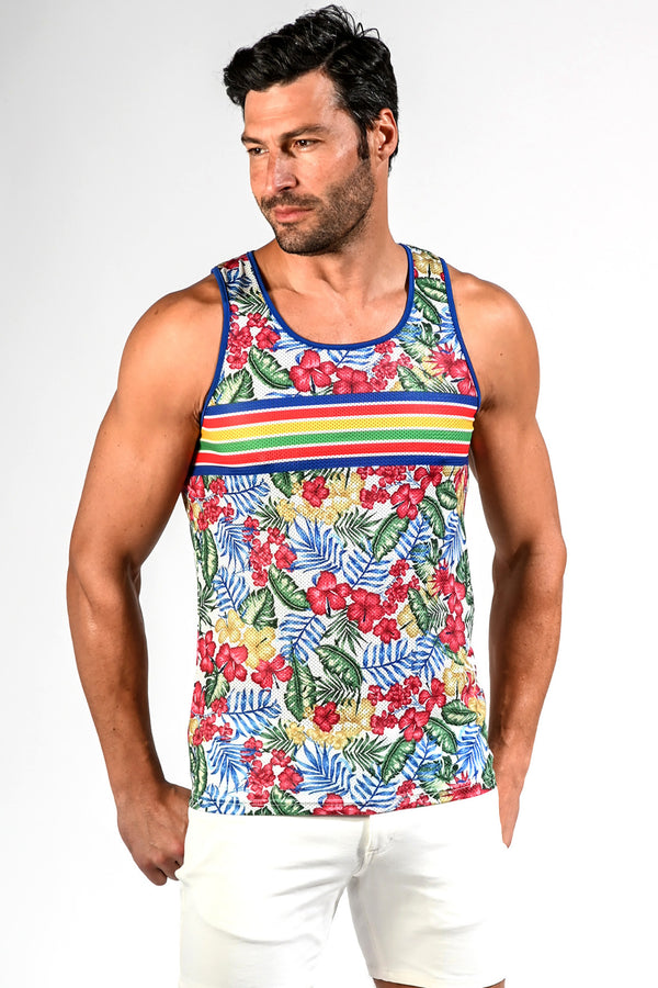 YELLOW/BLUE TROPIC HIBISCUS STRETCH MESH SINGLET ST-1093 Final Sale