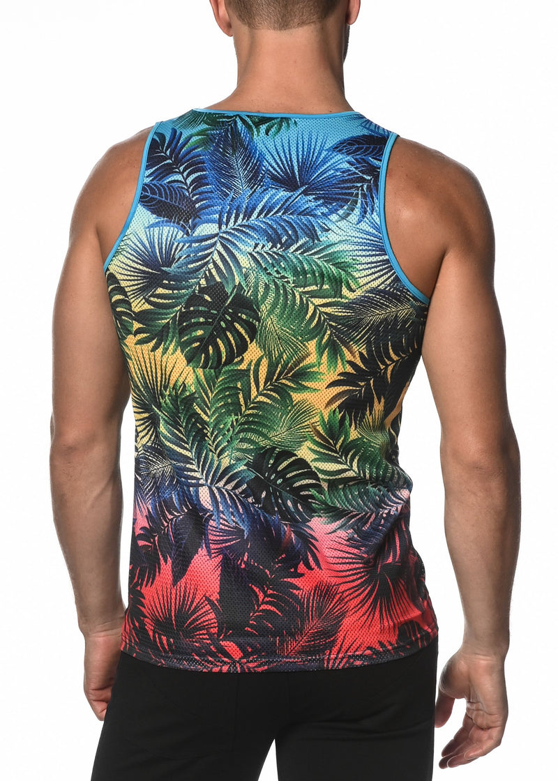 RAINBOW GRADIENT PALMS PRINTED MESH TANK TOP  ST-11072