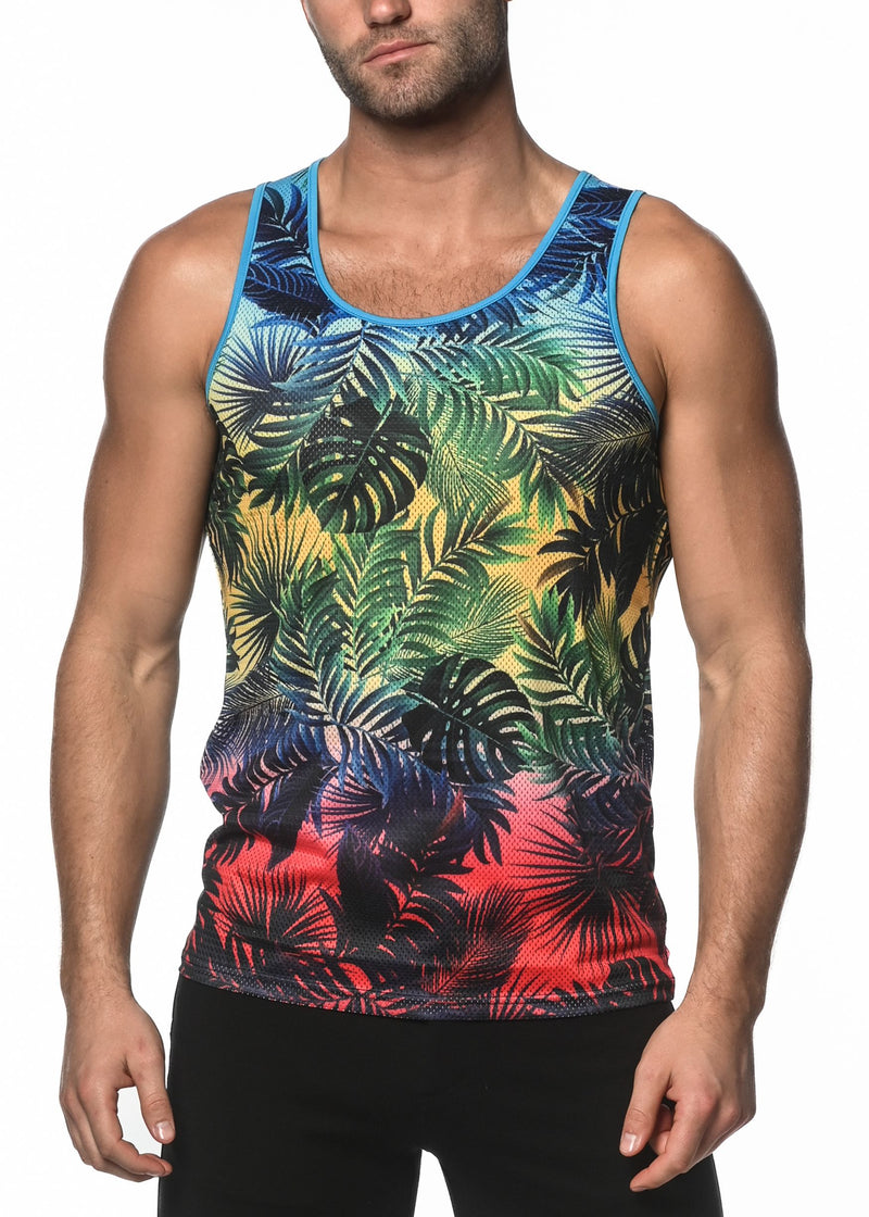 RAINBOW GRADIENT PALMS PRINTED MESH TANK TOP  ST-11072