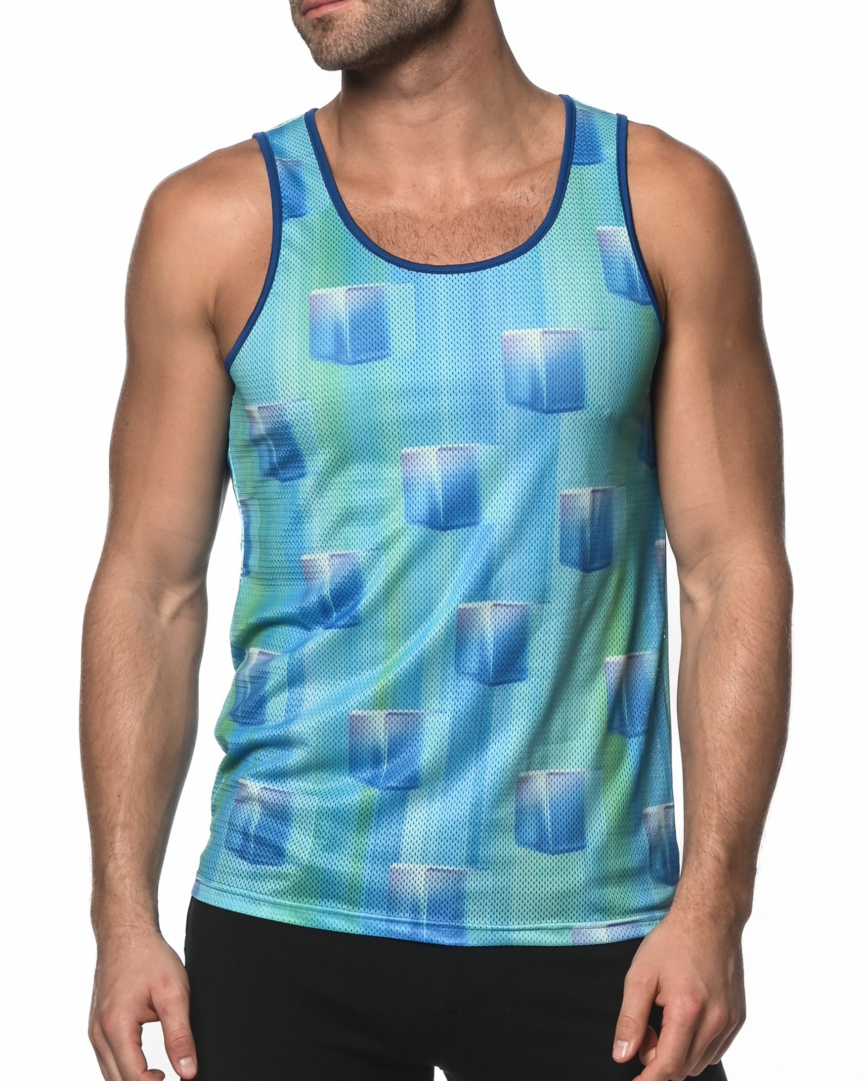 BLUE ICE CUBES PRINTED MESH TANK TOP  ST-11074