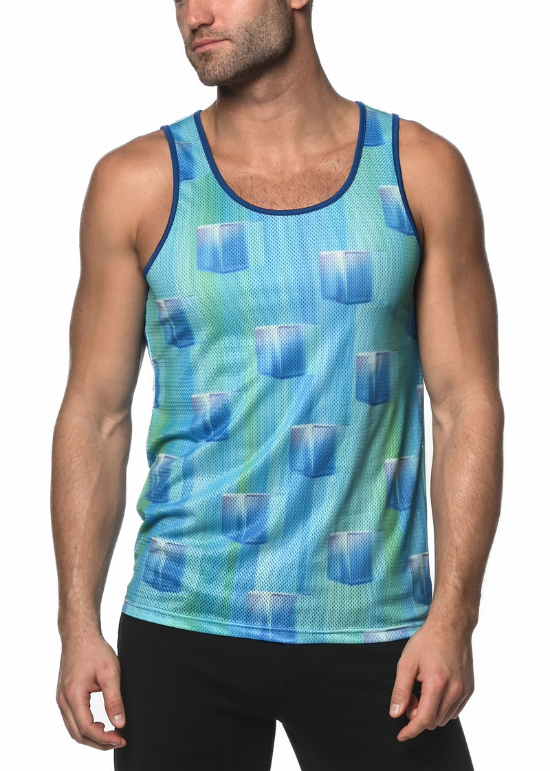 BLUE ICE CUBES PRINTED MESH TANK TOP  ST-11074