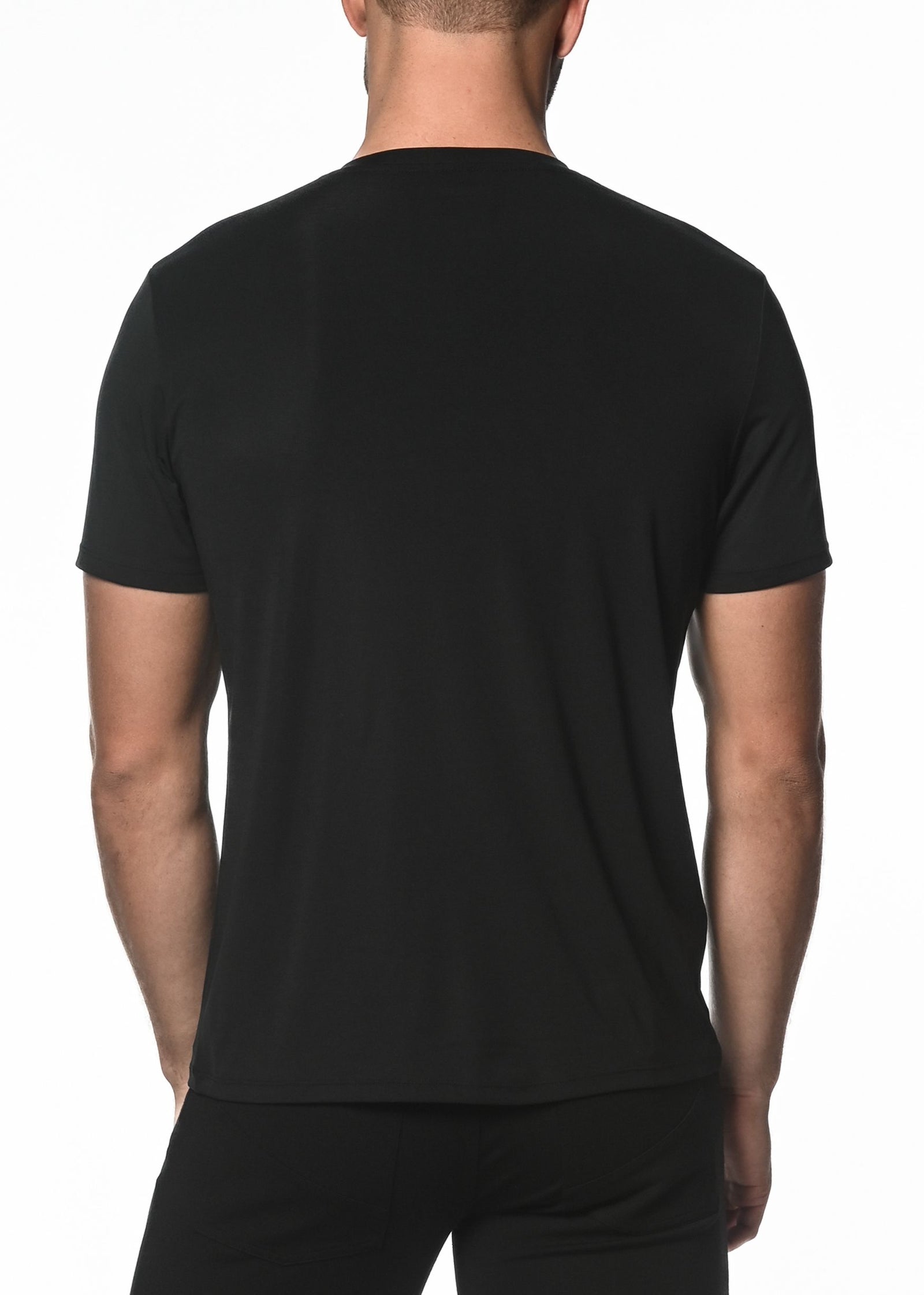 AND WANDER|SHORT-SLEEVED ROUND NECK T-SHIRTS (Stretch R BLACK V-NECK SHORT SLEEVE STRETCH MODAL KNIT T-SHIRT ST-16001