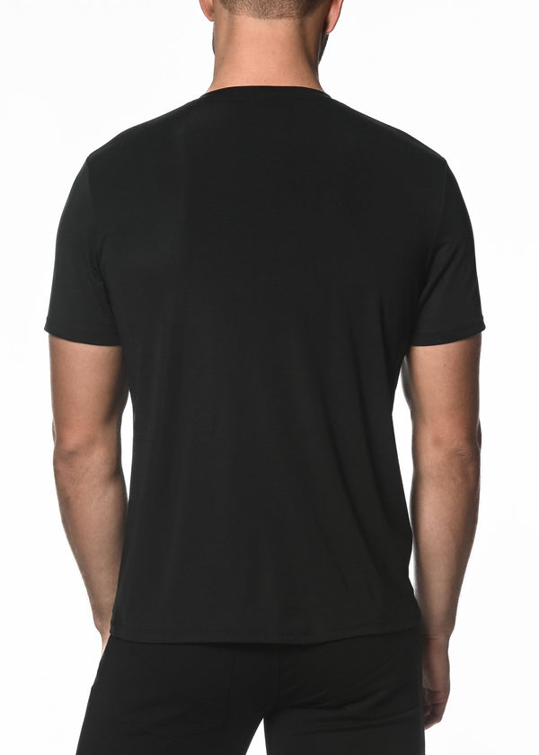 BLACK V-NECK SHORT SLEEVE STRETCH MODAL KNIT T-SHIRT  ST-16001