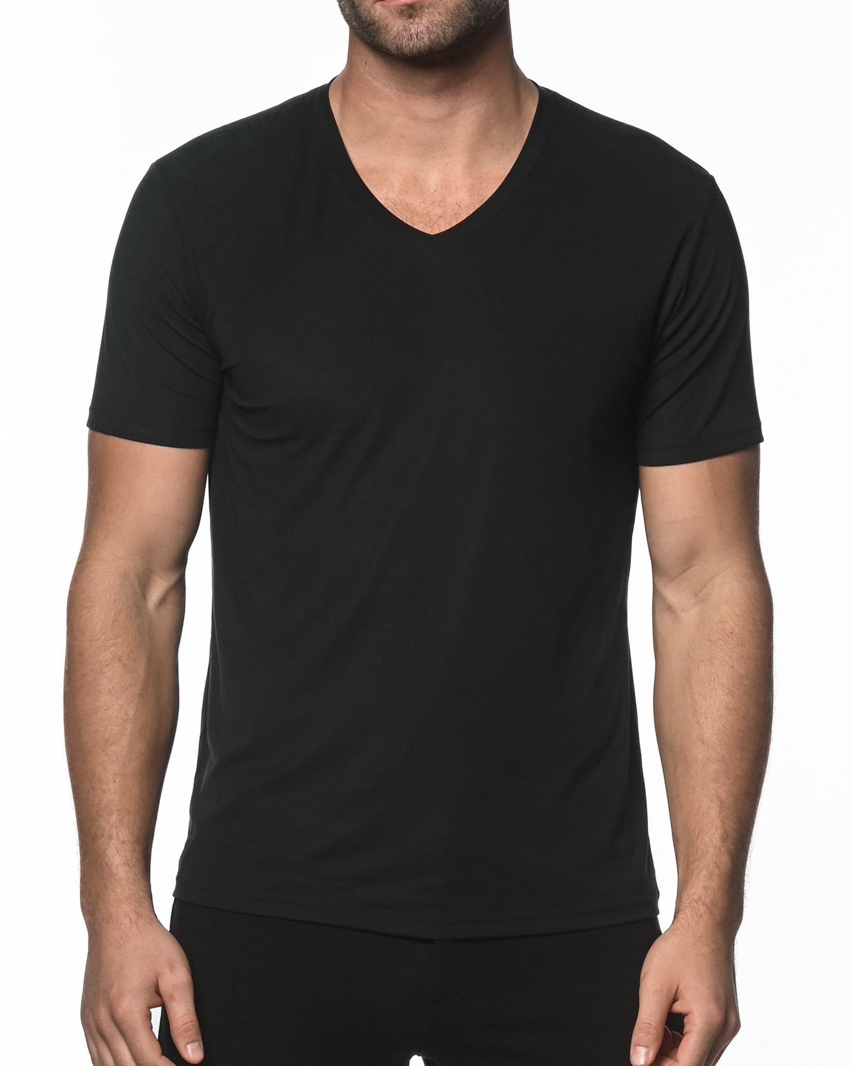 BLACK V-NECK SHORT SLEEVE STRETCH MODAL KNIT T-SHIRT  ST-16001