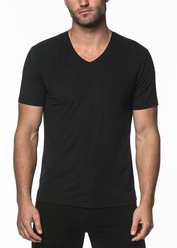 BLACK V-NECK SHORT SLEEVE STRETCH MODAL KNIT T-SHIRT  ST-16001