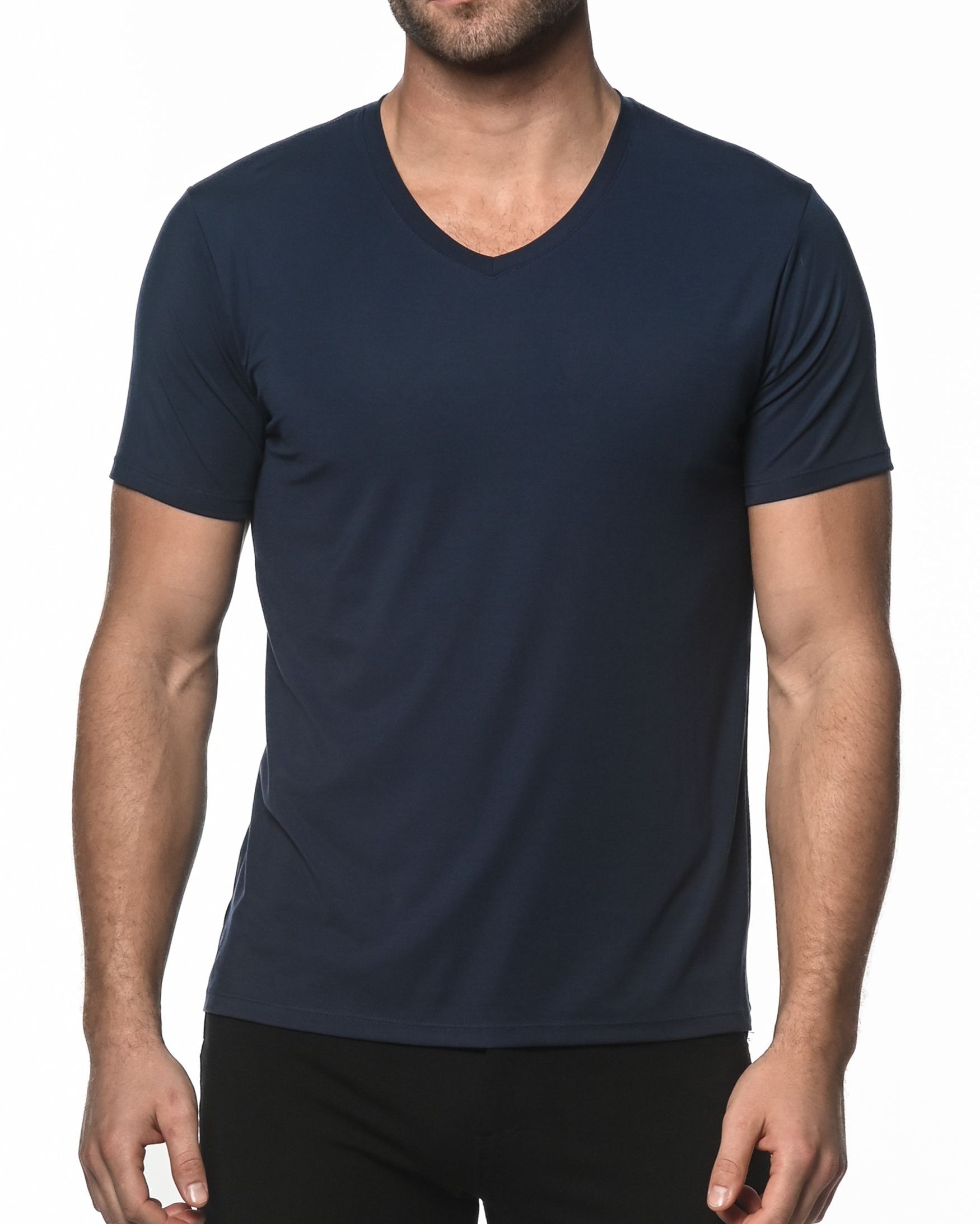 NAVY V-NECK SHORT SLEEVE STRETCH MODAL KNIT T-SHIRT  ST-16001