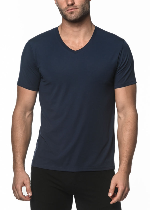 NAVY V-NECK SHORT SLEEVE STRETCH MODAL KNIT T-SHIRT  ST-16001