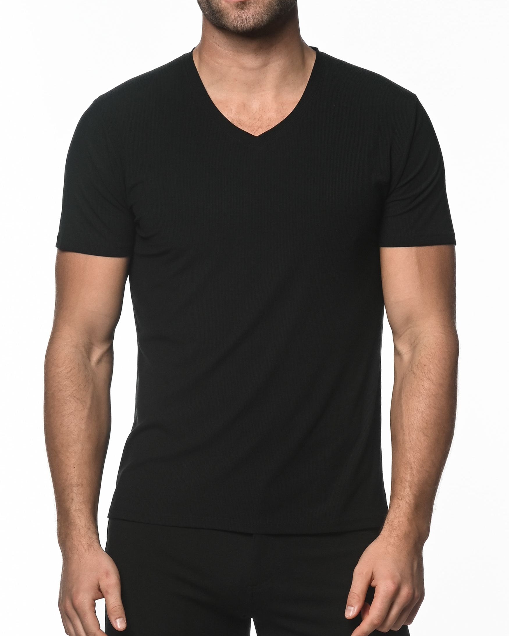 BLACK V-NECK SHORT SLEEVE RIB MODAL T-SHIRT  ST-16005