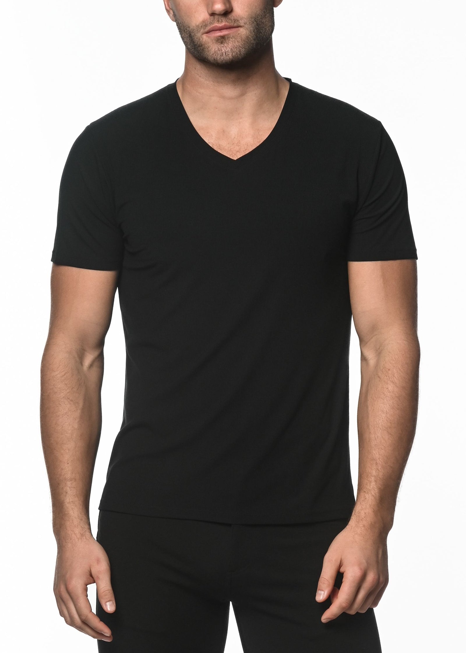 BLACK V-NECK SHORT SLEEVE RIB MODAL T-SHIRT ST-16005