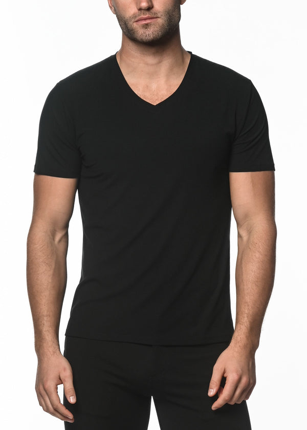 BLACK V-NECK SHORT SLEEVE RIB MODAL T-SHIRT  ST-16005