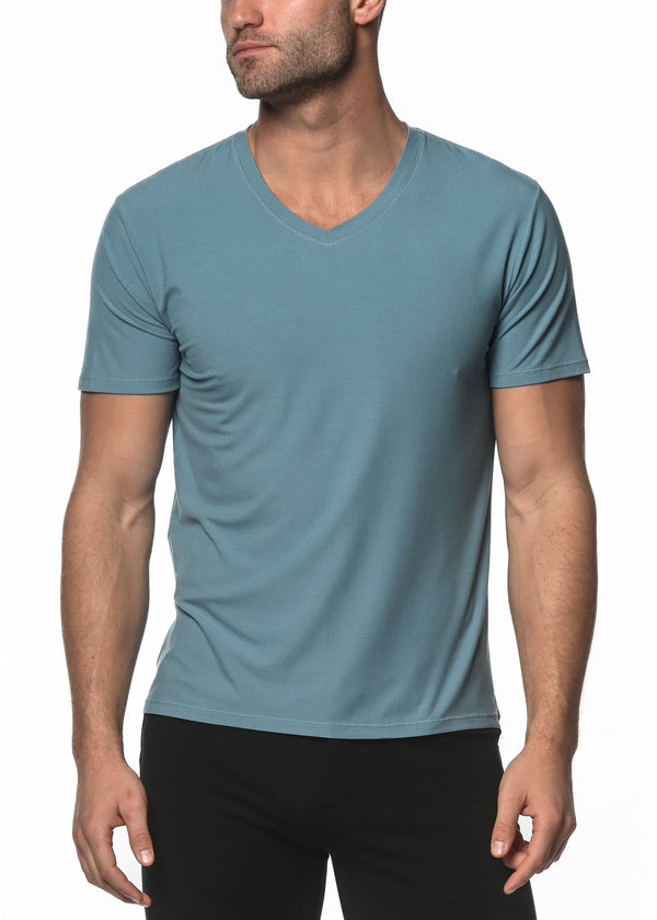 SLATE BLUE V-NECK SHORT SLEEVE RIB MODAL T-SHIRT  ST-16005