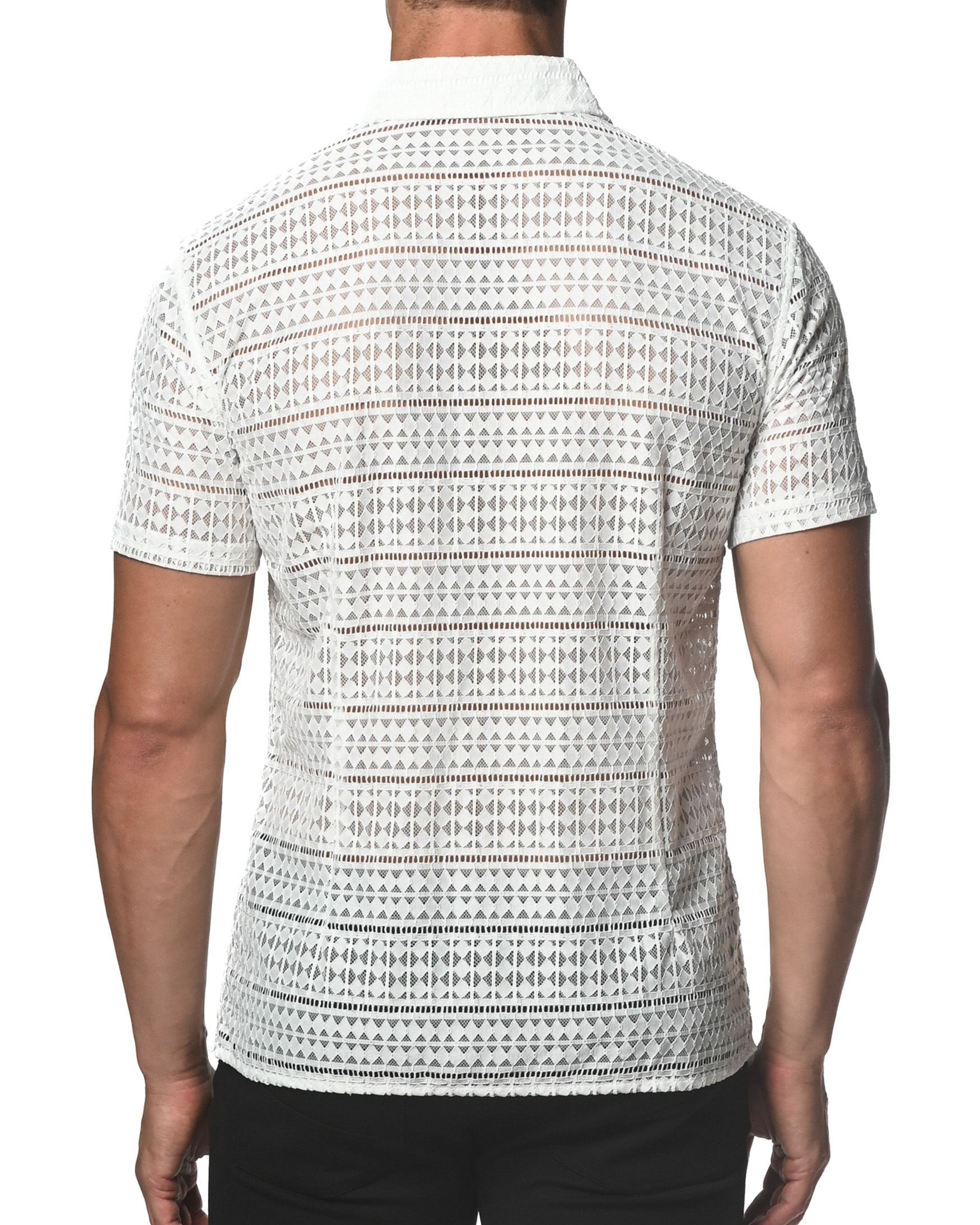 WHITE DIAMONDS STRETCH KNIT LACE GOSSAMER SHORT SLEEVE SHIRT  ST-24013