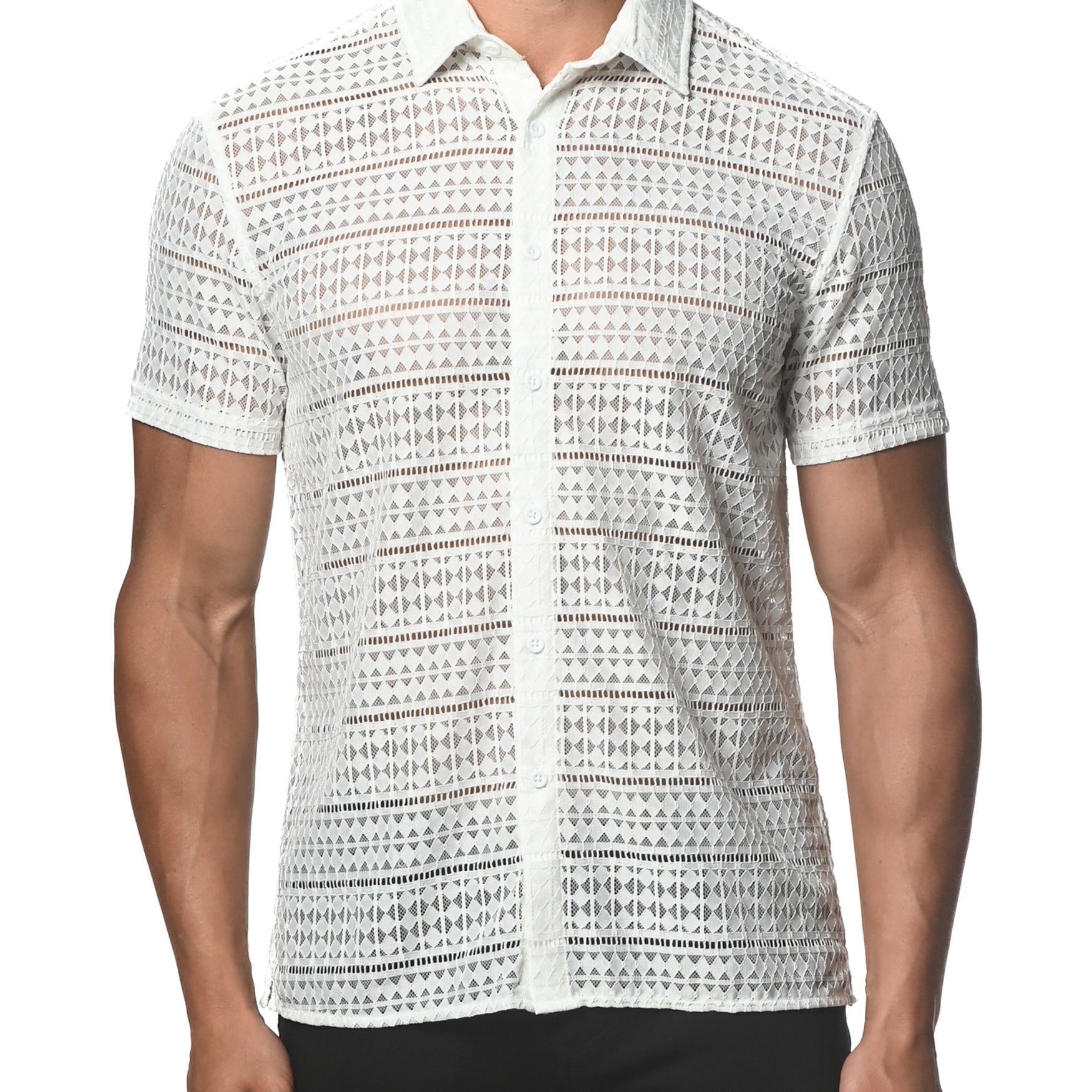 WHITE DIAMONDS STRETCH KNIT LACE GOSSAMER SHORT SLEEVE SHIRT  ST-24013