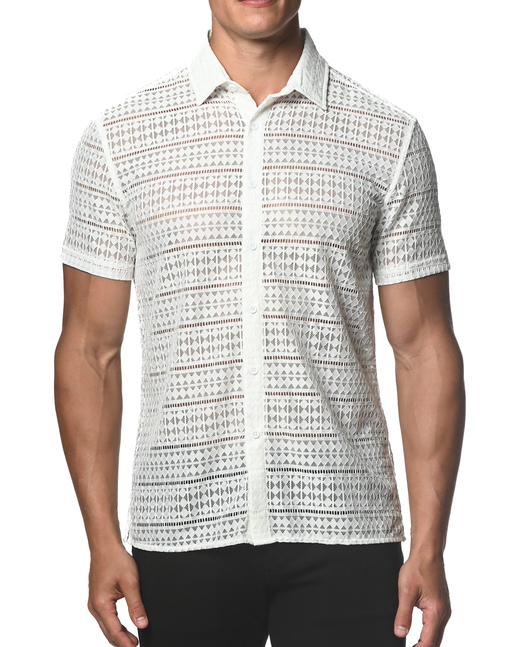 WHITE DIAMONDS STRETCH KNIT LACE GOSSAMER SHORT SLEEVE SHIRT  ST-24013