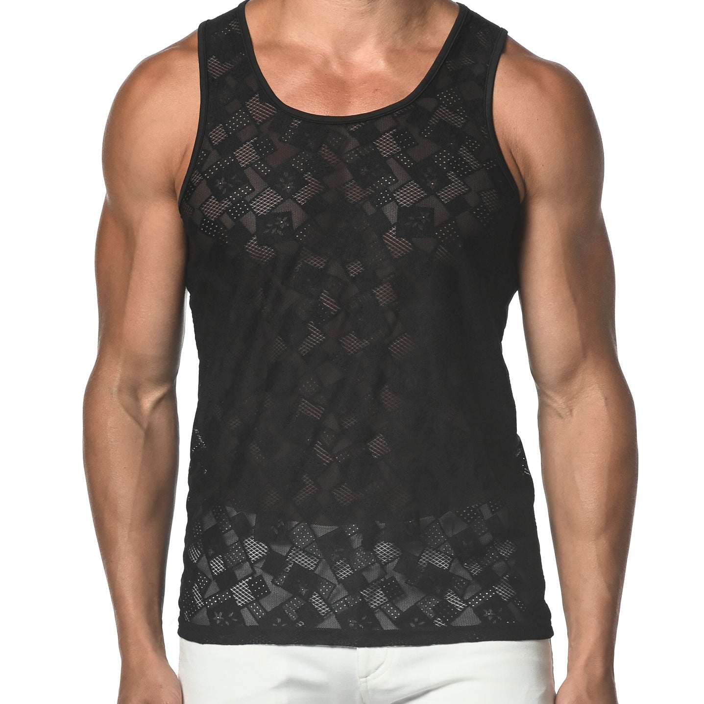 BLACK SQUARES STRETCH GOSSAMER LACE TANK TOP  ST-25006