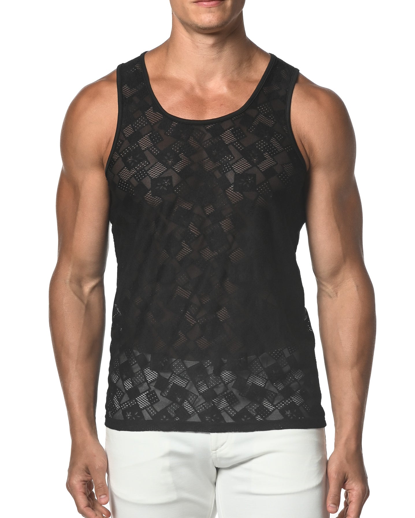 BLACK SQUARES STRETCH GOSSAMER LACE TANK TOP  ST-25006