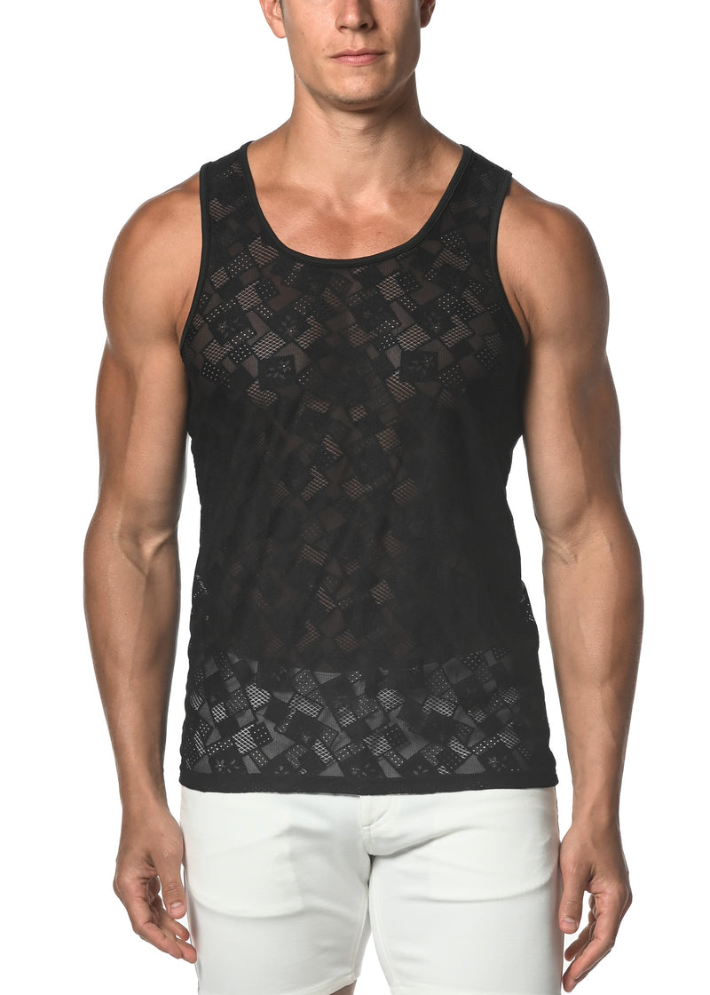 BLACK SQUARES STRETCH GOSSAMER LACE TANK TOP  ST-25006