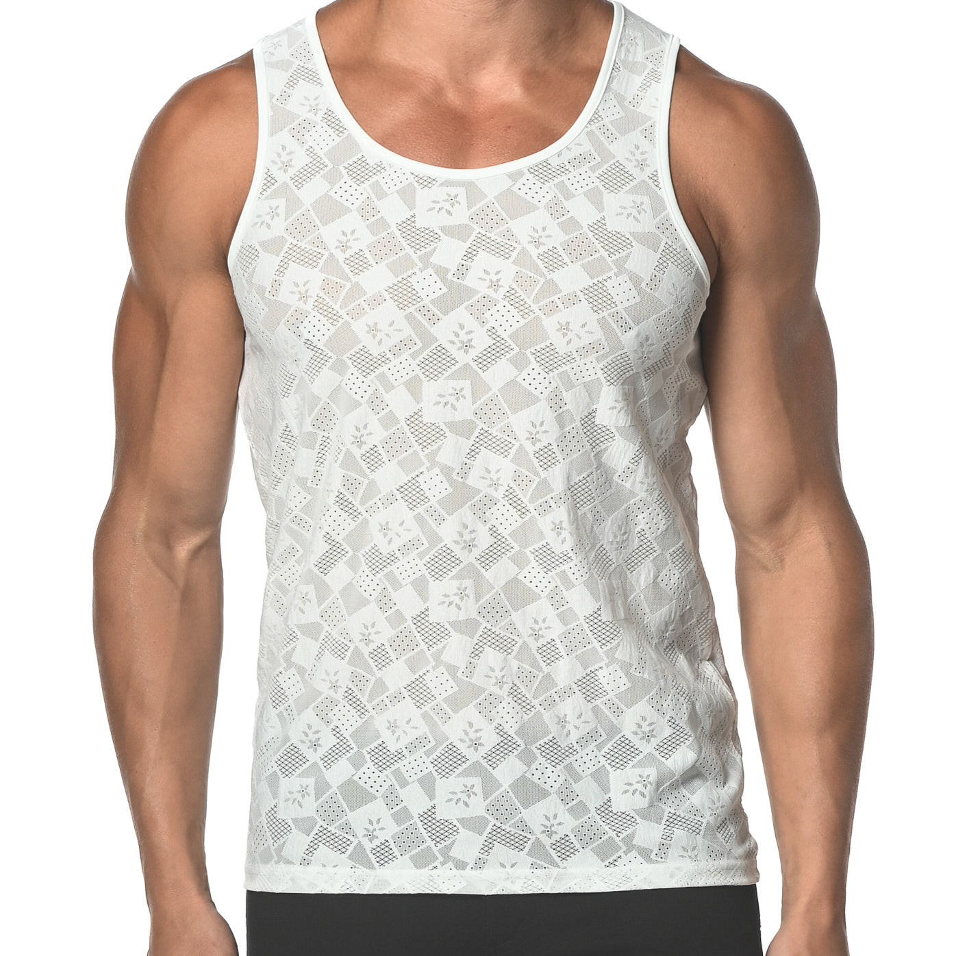 WHITE SQUARES STRETCH GOSSAMER LACE TANK TOP  ST-25006