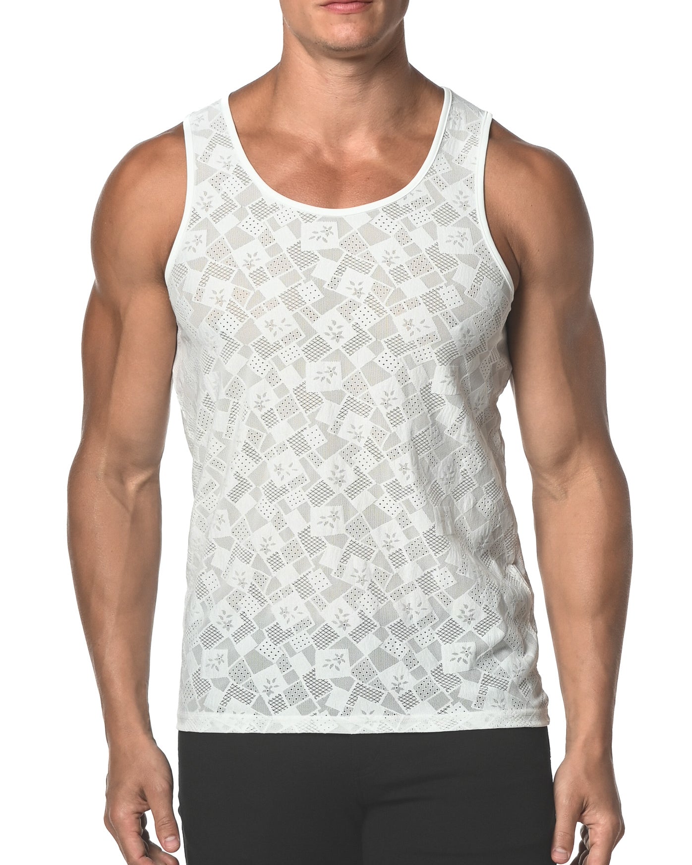 WHITE SQUARES STRETCH GOSSAMER LACE TANK TOP  ST-25006