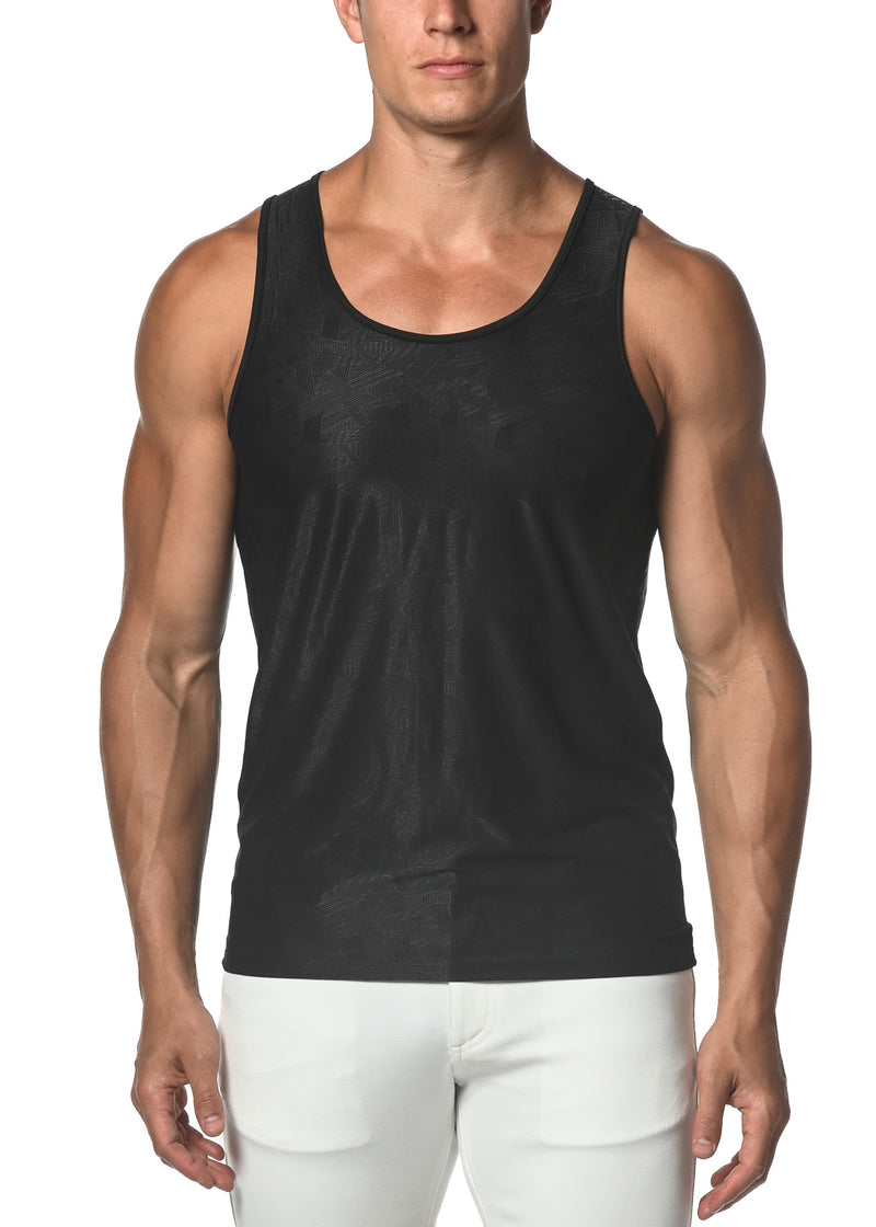 BLACK CROSSHATCH TEXTURED MESH STRETCH PERFORMANCE TANK TOP  ST-273