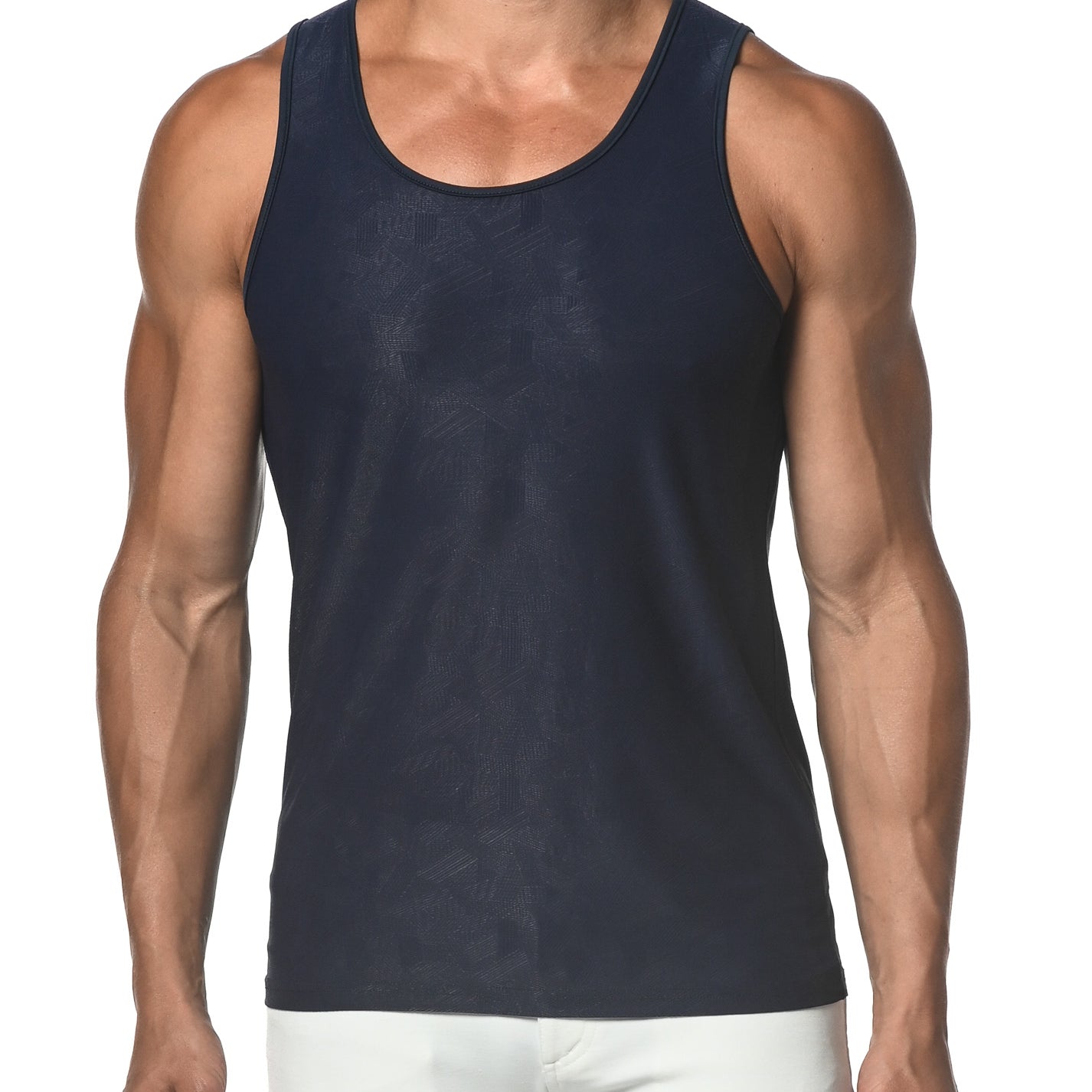 NAVY CROSSHATCH TEXTURED MESH STRETCH PERFORMANCE TANK TOP  ST-273