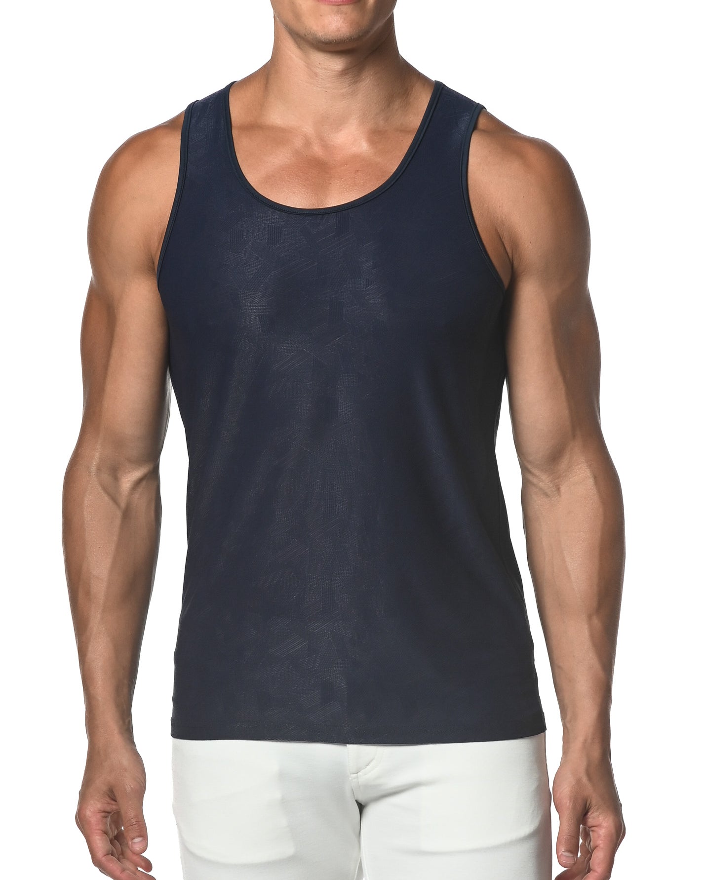 NAVY CROSSHATCH TEXTURED MESH STRETCH PERFORMANCE TANK TOP  ST-273