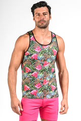FUCHSIA/MULTI FRUIT FIESTA STRETCH MESH SINGLET ST-437 Final Sale