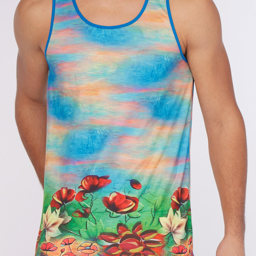 RED/MULTI LILIES STRETCH JERSEY SINGLET ST-443 Final Sale