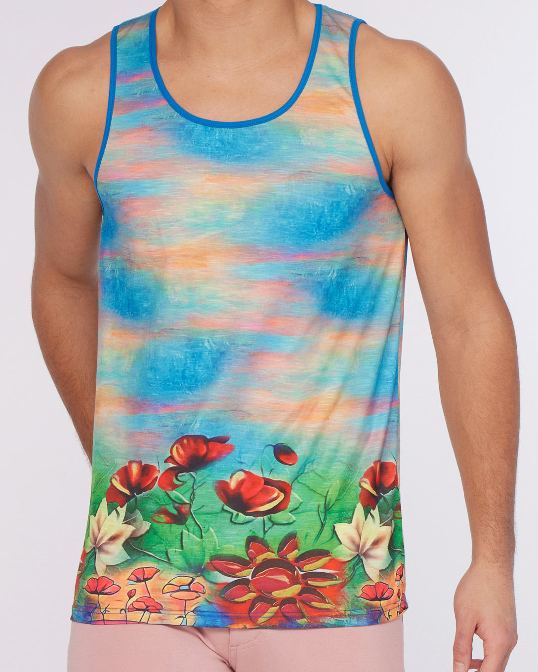 RED/MULTI LILIES STRETCH JERSEY SINGLET ST-443 Final Sale