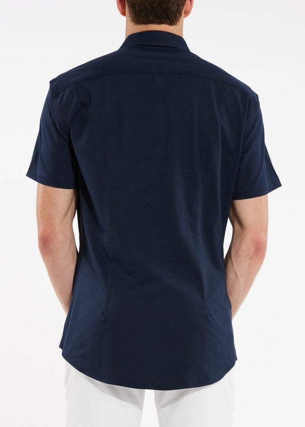 NAVY SOLID KNIT STRETCH SHORT SLEEVE SHIRT W/ PLACKET TAPE DETAIL ST-962