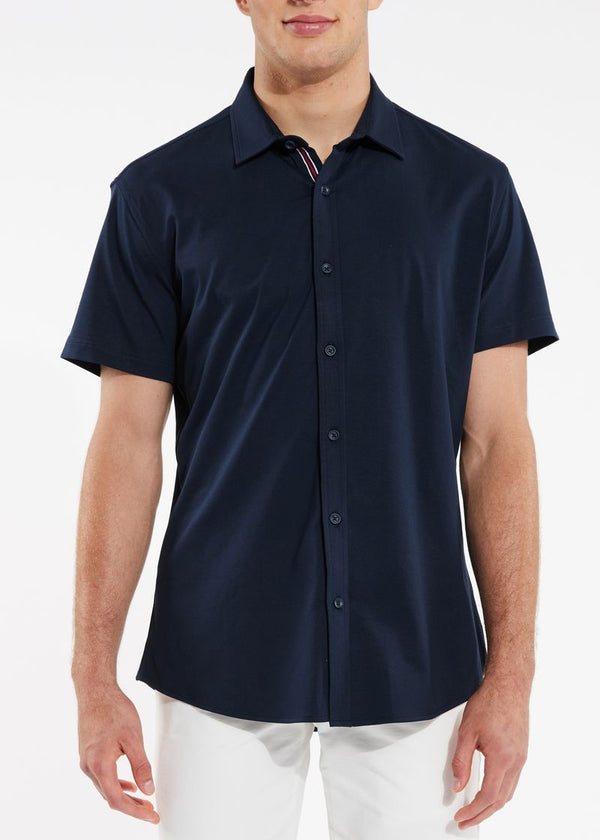 NAVY SOLID KNIT STRETCH SHORT SLEEVE SHIRT W/ PLACKET TAPE DETAIL ST-962