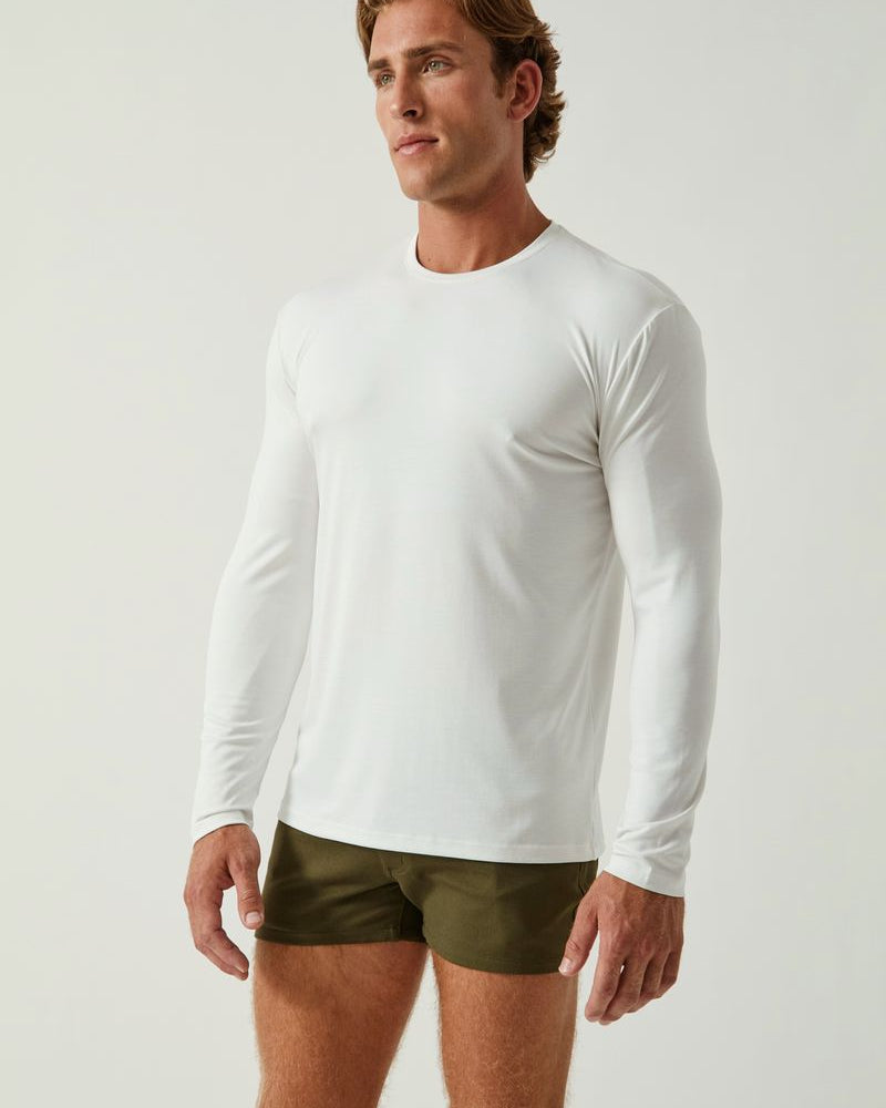 CHALK WHITE SOLID STRETCH MODAL CREW NECK LONG SLEEVE TEE ST-9012