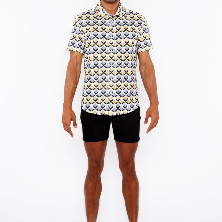 GOLD/SILVER DIAMONDS PRINTED OPEN KNIT STRETCH SHORT SLEEVE SHIRT ST-48071