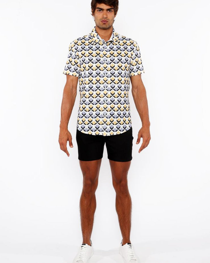 GOLD/SILVER DIAMONDS PRINTED OPEN KNIT STRETCH SHORT SLEEVE SHIRT ST-48071