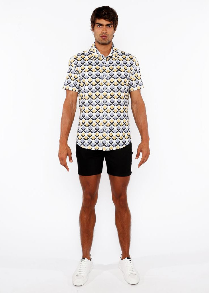 GOLD/SILVER DIAMONDS PRINTED OPEN KNIT STRETCH SHORT SLEEVE SHIRT ST-48071