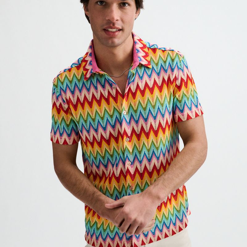 SALSA/AQUA OPEN KNIT STRETCH CHEVRON SHORT SLEEVE SHIRT ST-24079