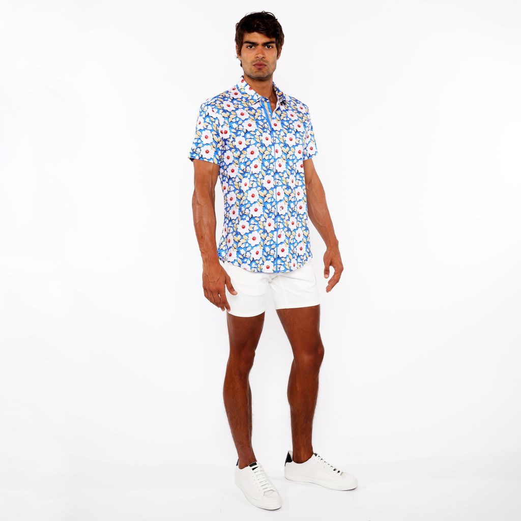 COBALT/GOLD FLORAL 3D PRINT COTTON JERSEY KNIT SHORT SLEEVE SHIRT W/CONTRAST STRIPE PLACKET ST-9326