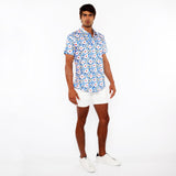 COBALT/GOLD FLORAL 3D PRINT COTTON JERSEY KNIT SHORT SLEEVE SHIRT W/CONTRAST STRIPE PLACKET ST-9326
