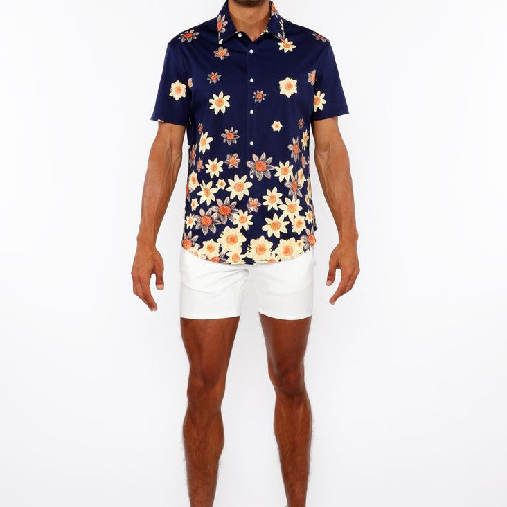 NAVY/YELLOW SUNFLOWERS BORDER PRINT COTTON JERSEY KNIT SHORT SLEEVE SHIRT ST-9341