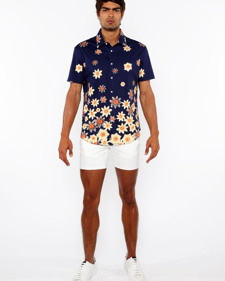 NAVY/YELLOW SUNFLOWERS BORDER PRINT COTTON JERSEY KNIT SHORT SLEEVE SHIRT ST-9341