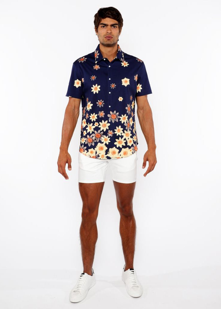 NAVY/YELLOW SUNFLOWERS BORDER PRINT COTTON JERSEY KNIT SHORT SLEEVE SHIRT ST-9341
