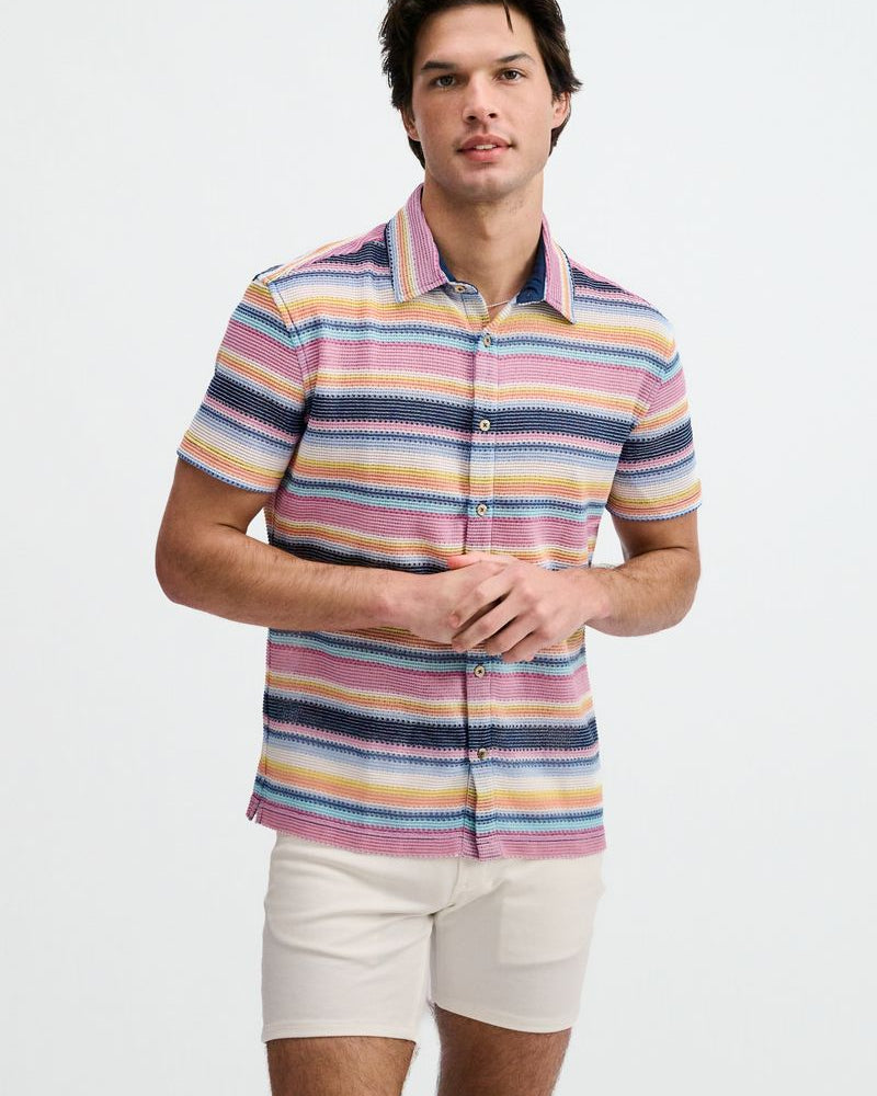 NAVY/PINK ENGINEERED STRIPE OPEN KNIT SHORT SLEEVE SHIRT ST-24075